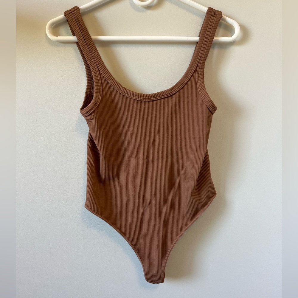 Ribbed Brown Tank Bodysuit with Scoop Neckline